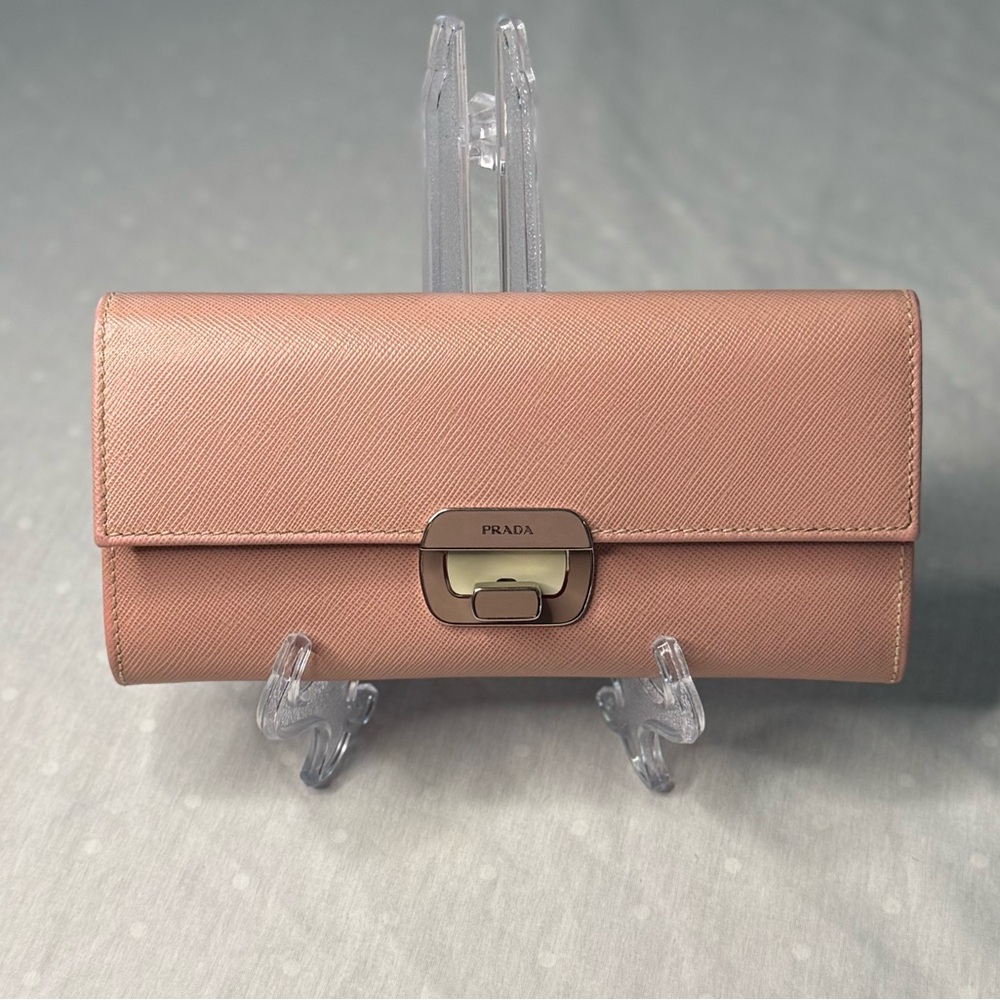 PRADA pink long wallet w/flap & press-lock closure includes authenticity card